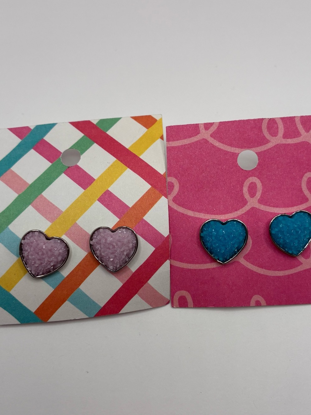 2 Pairs Of Valentines Blue And Pink Heart Love Themed Sparkle Stud Earrings.